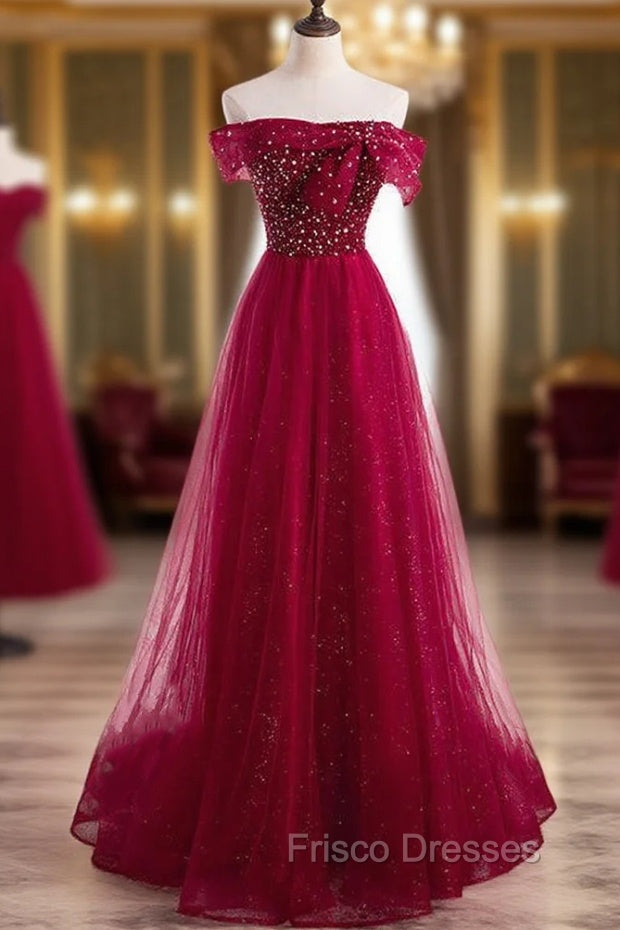 Burgundy Tulle Star Sequins Off the Shoulder Beading Formal Prom Dress Main image