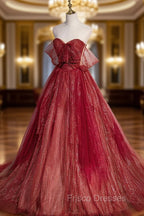 Burgundy Tulle Strapless Floor Length Formal Prom Dress, A-Line Evening Graduation Dress