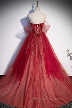 Burgundy Tulle Strapless Floor Length Formal Prom Dress, A-Line Evening Graduation Dress