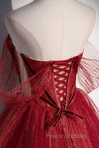 Burgundy Tulle Strapless Floor Length Formal Prom Dress, A-Line Evening Graduation Dress