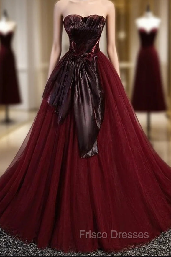 Burgundy Tulle Strapless Pleats Bow Formal Prom Dress Main image