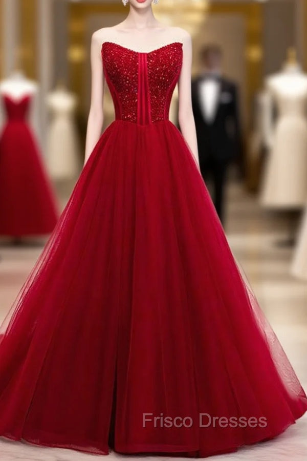 Burgundy Tulle Sweetheart Beading Long Formal Prom Dress Main image