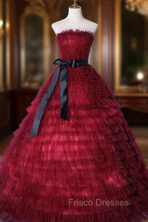 Burgundy Tulle Tiers Strapless Quinceanera Dress