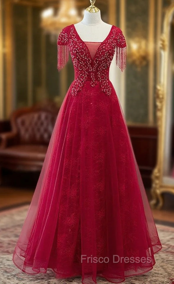 Burgundy Tulle V-neck Cap Sleve Beading Formal Prom Dress