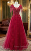 Burgundy Tulle V-neck Cap Sleve Beading Formal Prom Dress