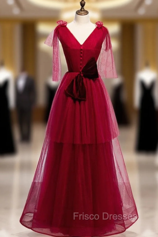 Burgundy Tulle V-neck Pleats Long Formal Prom Dress With Bow Main image