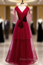 Burgundy Tulle V-neck Pleats Long Formal Prom Dress With Bow
