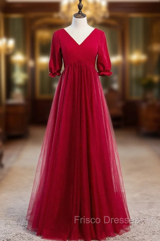 Burgundy Tulle V-neck Short Sleeve High Waist Formal Prom Dress Main image