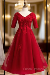 Burgundy Tulle V-neck Short Sleeve Lace Appliques High Waist Formal Prom Dress