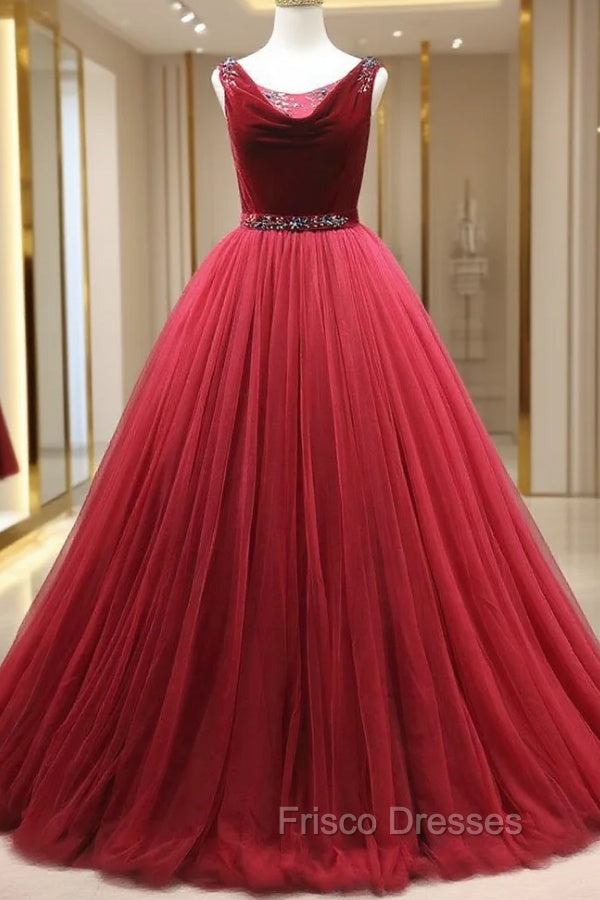 Burgundy Tulle Velvet Backles Beading Formal Prom Dress