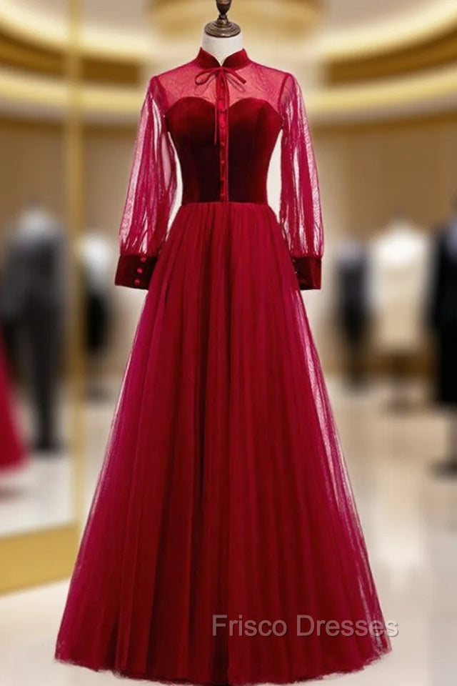Burgundy Tulle Velvet Long Sleeve Button Formal Prom Dress Main image