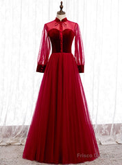 Burgundy Tulle Velvet Long Sleeve Button Prom Dress