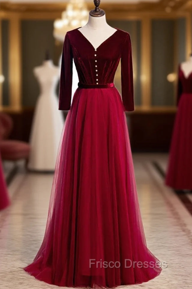 Burgundy Tulle Velvet Long Sleeve Pleats Formal Prom Dress Main image