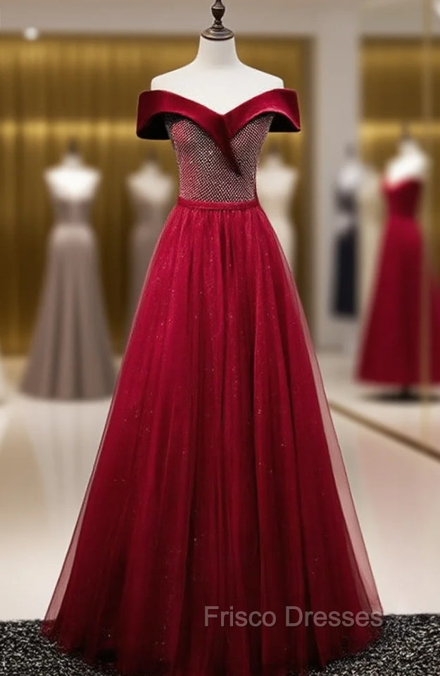Burgundy Tulle Velvet Off the Shoulder Formal Formal Prom Dress