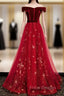 Burgundy Tulle Velvet Off the Shoulder Formal Prom Dress
