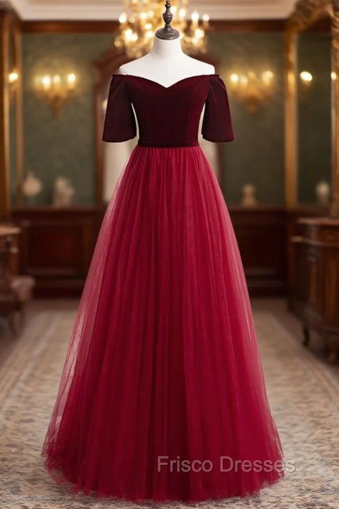 Burgundy Tulle Velvet Off the Shoulder Short Sleeve Formal Prom Dress Main image