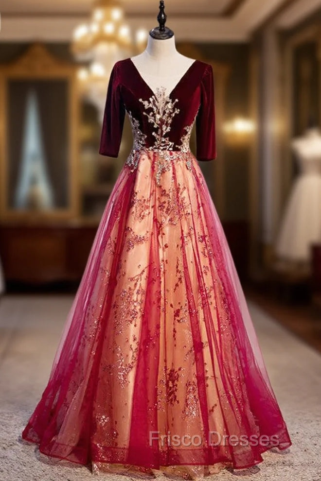 Burgundy Tulle Velvet Sequins V-neck Short Sleeve Formal Prom Dress