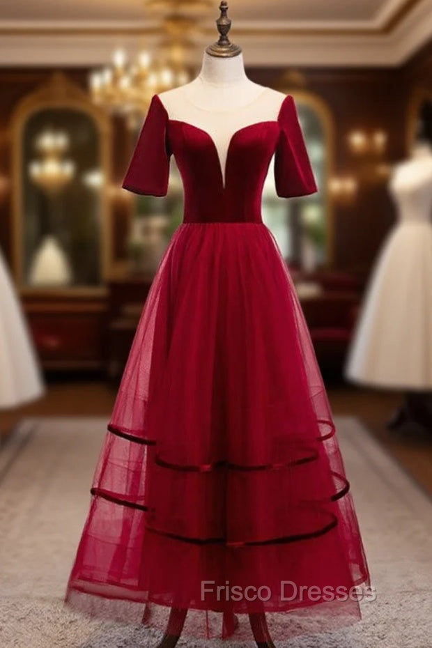 Burgundy Tulle Velvet Short Sleeve Ankle Length Formal Prom Dress