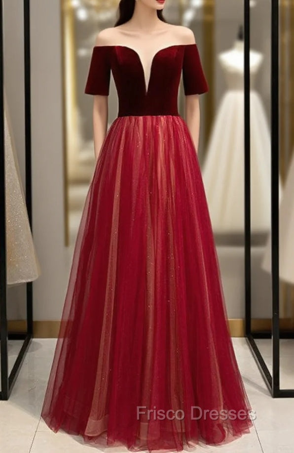 Burgundy Tulle Velvet Short Sleeve Backless Formal Prom Dress