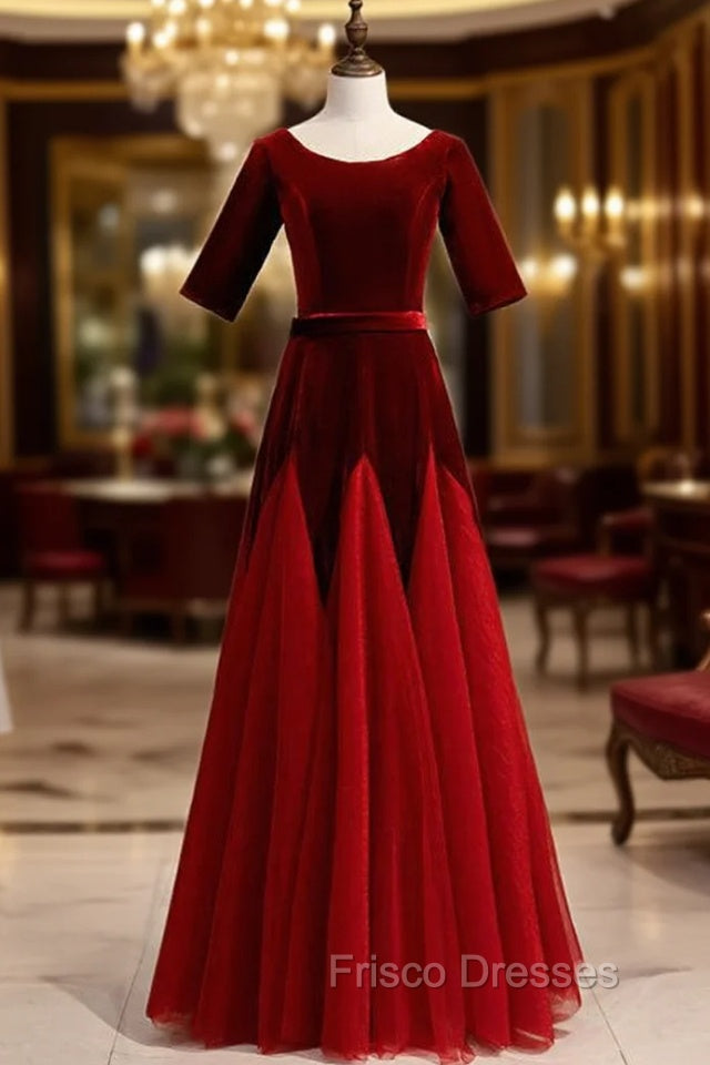 Burgundy Tulle Velvet Short Sleeve Formal Prom Dress