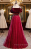Burgundy Tulle Velvet Spaghetti Straps Beading Formal Prom Dress