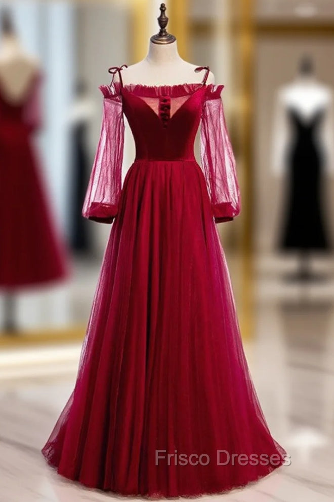 Burgundy Tulle Velvet Spaghetti Straps Long Sleeve Formal Prom Dress Main image