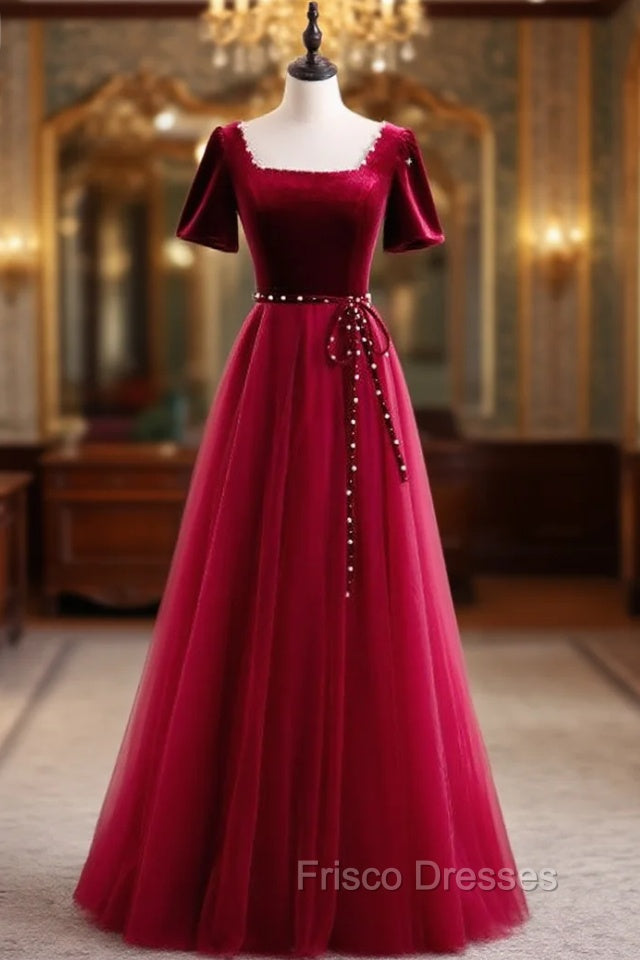 Burgundy Tulle Velvet Square Short Sleeve Formal Prom Dress
