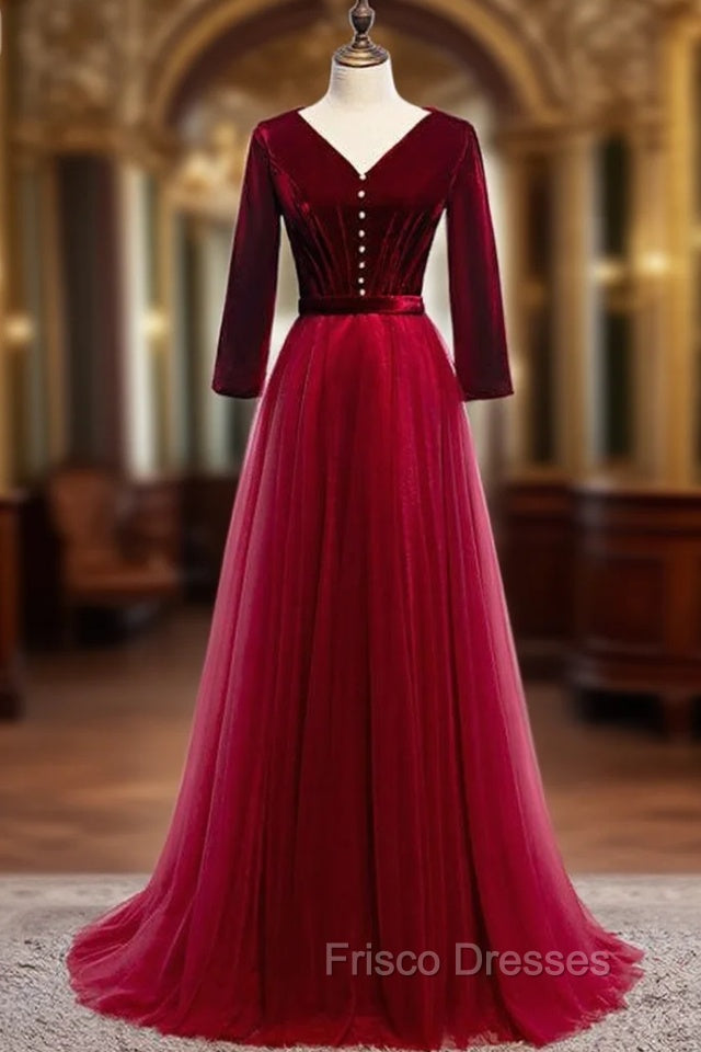 Burgundy Tulle Velvet V-neck 3/4 Sleeve Formal Prom Dress Main image