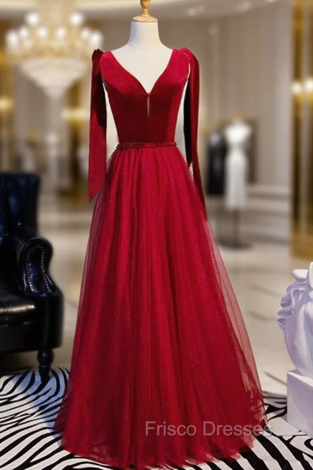 Burgundy Tulle Velvet V-neck Beading Formal Prom Dress With Bow Main image