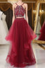 Burgundy two pieces beads long Formal Prom Dresses, burgundy evening Dresses
