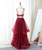 Burgundy two pieces beads long Formal Prom Dresses, burgundy evening Dresses