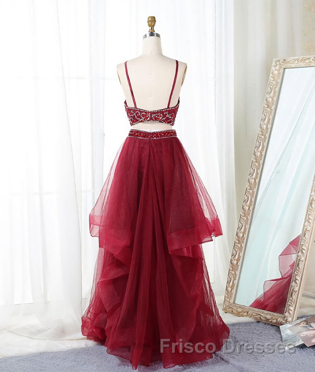Burgundy two pieces beads long Formal Prom Dresses, burgundy evening Dresses