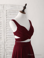 Burgundy Two Pieces Chiffon Long Prom Dress, Evening Dress