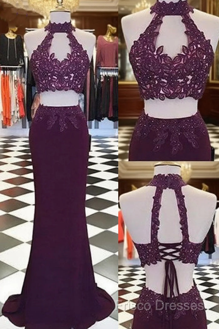 Burgundy Two Pieces Lace Long Formal Prom Dress, Formal Dress Main image