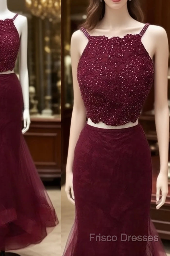 Burgundy Two Pieces Lace Tulle Long Formal Prom Dress