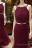 Burgundy Two Pieces Lace Tulle Long Formal Prom Dress