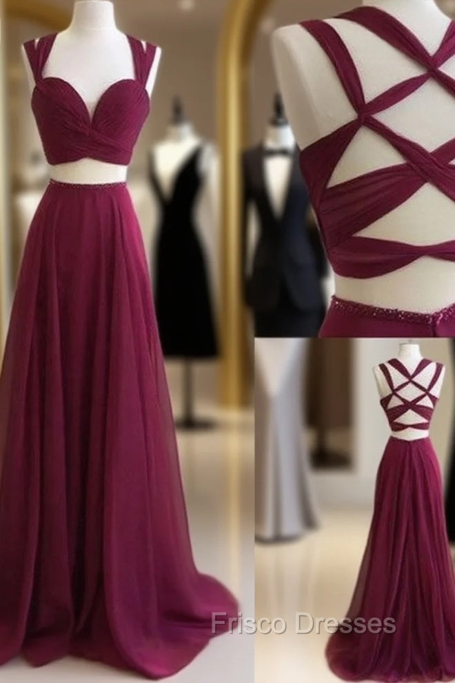 Burgundy Two Pieces Long Formal Prom Dress, Burgundy Evening Dress Main image