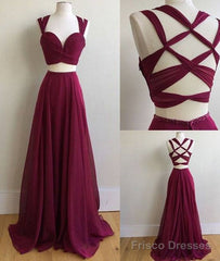 Burgundy Two Pieces Long Prom Dress, Burgundy Evening Dress