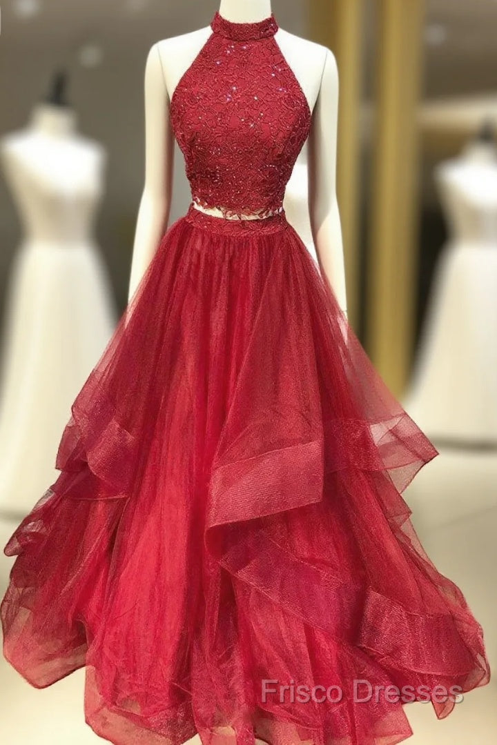 Burgundy Two Pieces Tulle Lace Long Formal Prom Dress, Lace Formal Dress Main image