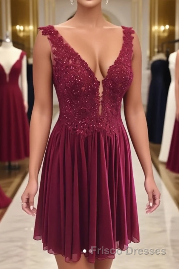 Burgundy v neck chiffon lace short Formal Prom Dresses, homecoming Dresses Main image