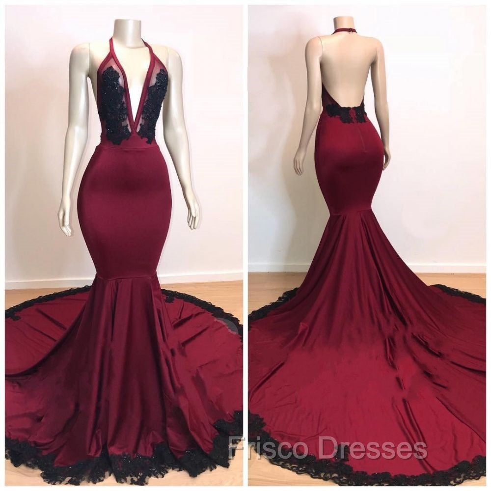 Burgundy V-neck Halter Appliques Long Mermaid Evening Dress
