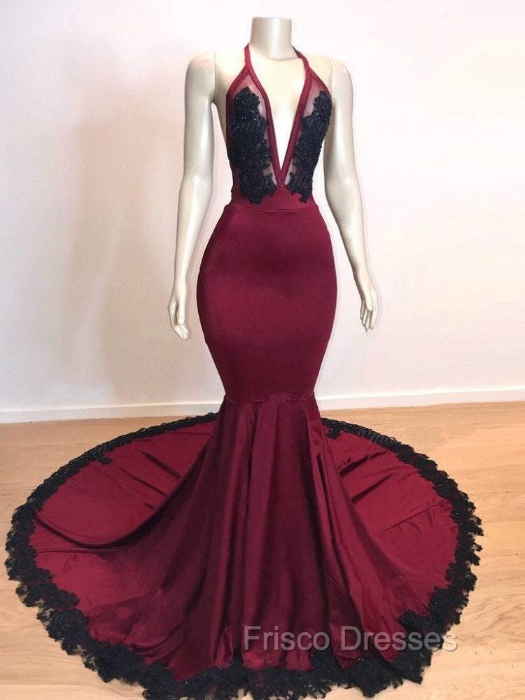 Burgundy V-neck Halter Appliques Long Mermaid Evening Dress