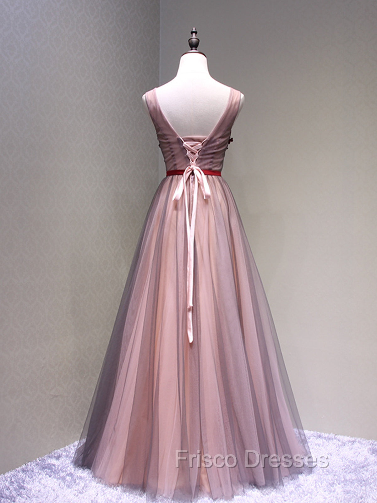 Burgundy V Neck Lace Floral Long Formal Prom Dress, Burgundy V Neck Long Formal Evening Dress Secondary image