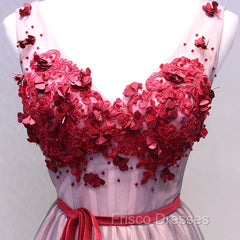 Burgundy V Neck Lace Floral Long Formal Prom Dress, Burgundy V Neck Long Formal Evening Dress