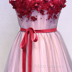 Burgundy V Neck Lace Floral Long Formal Prom Dress, Burgundy V Neck Long Formal Evening Dress