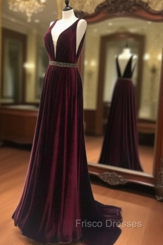 Burgundy V Neck Long Formal Prom Dress, Burgundy Evening Dress