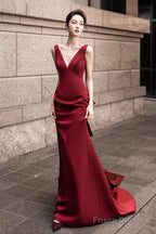 Burgundy V-Neck Satin Long Prom Dress, Burgundy Backless Evening Dress With Bow