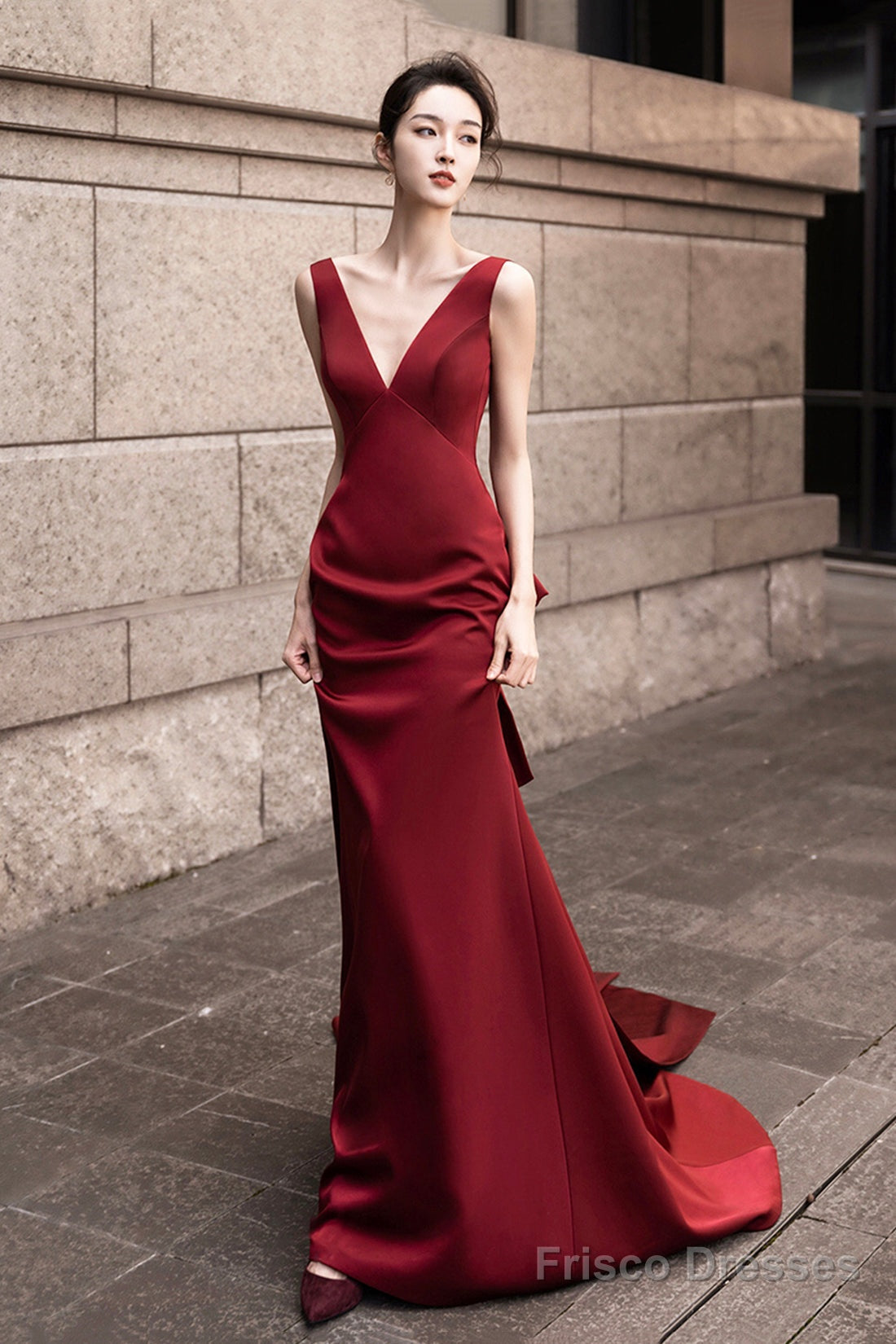 Burgundy V-Neck Satin Long Prom Dress, Burgundy Backless Evening Dress With Bow