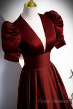 Burgundy V-Neck Satin Long Formal Prom Dress, Simple Short Sleeve Formal Party Dress