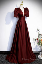 Burgundy V-Neck Satin Long Formal Prom Dress, Simple Short Sleeve Formal Party Dress